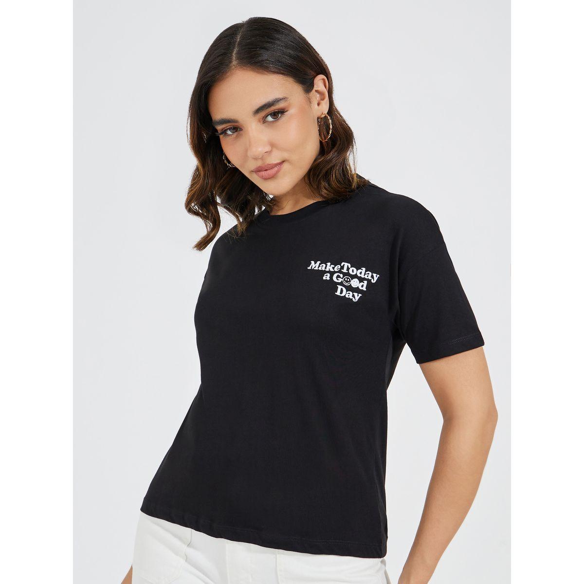 Styli Regular Fit Embroidered Slogan T-Shirt with Dropped Shoulder-women-clothing-tshirts-image-1