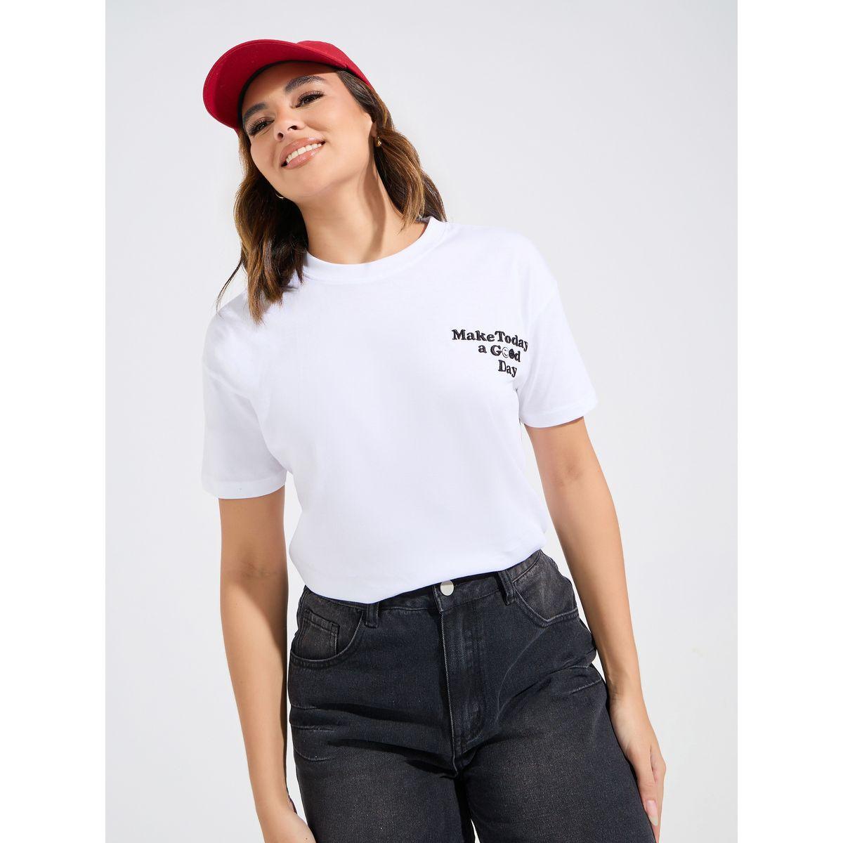 Styli Regular Fit Embroidered Slogan T-Shirt with Dropped Shoulder-women-clothing-tshirts-image-1