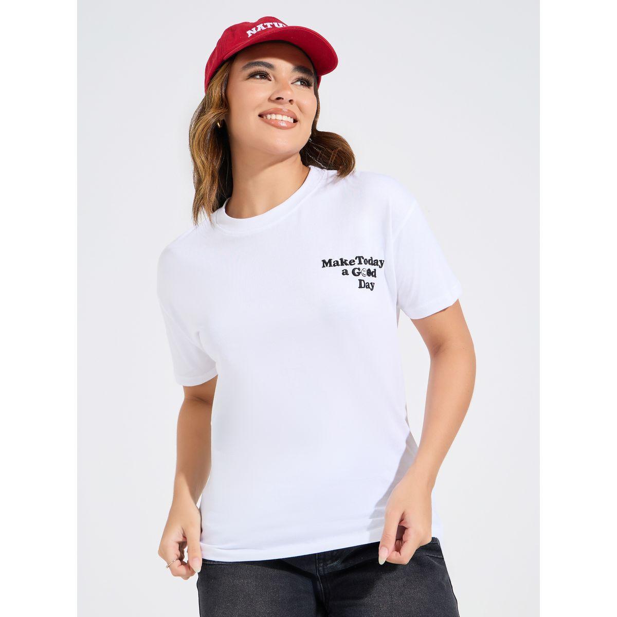 Styli Regular Fit Embroidered Slogan T-Shirt with Dropped Shoulder-women-clothing-tshirts-image-3