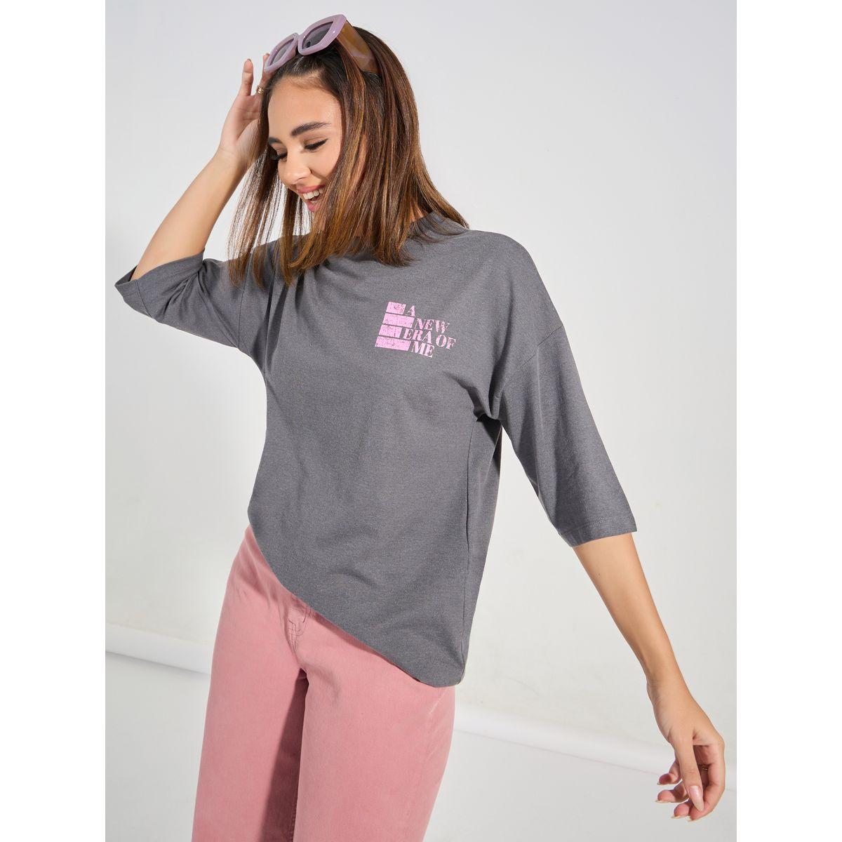 Styli Oversized Distressed Slogan T-Shirt with Dropped Shoulder-women-clothing-tshirts-image-1