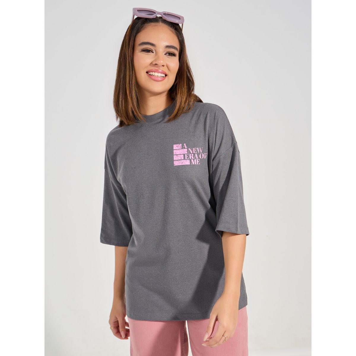 Styli Oversized Distressed Slogan T-Shirt with Dropped Shoulder-women-clothing-tshirts-image-3