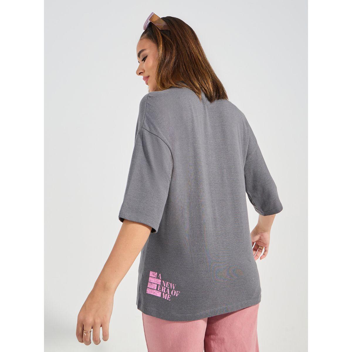 Styli Oversized Distressed Slogan T-Shirt with Dropped Shoulder-women-clothing-tshirts-image-5