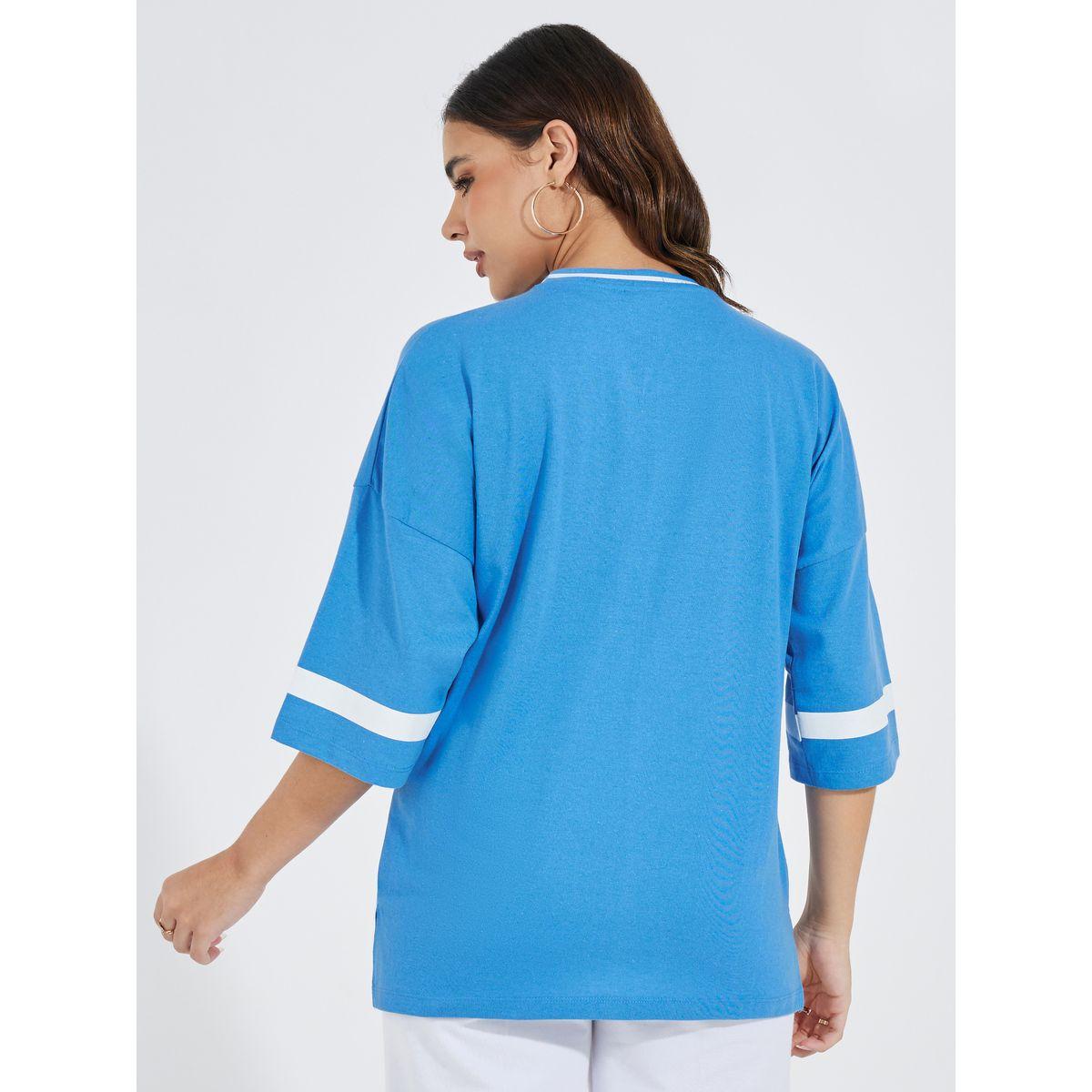 تيشيرت فضفاض بطبعة كتابة مع أكمام مبالغ فيها-women-clothing-tshirts-image-4