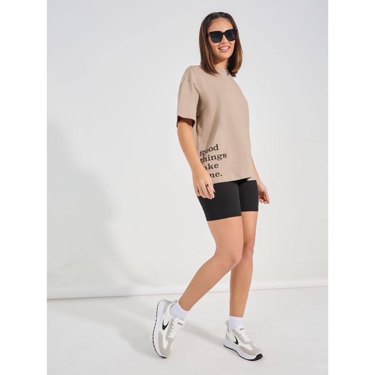 تيشيرت فضفاض مطبع بكتابة مع اكمام قصيرة-women-clothing-tshirts-image-2