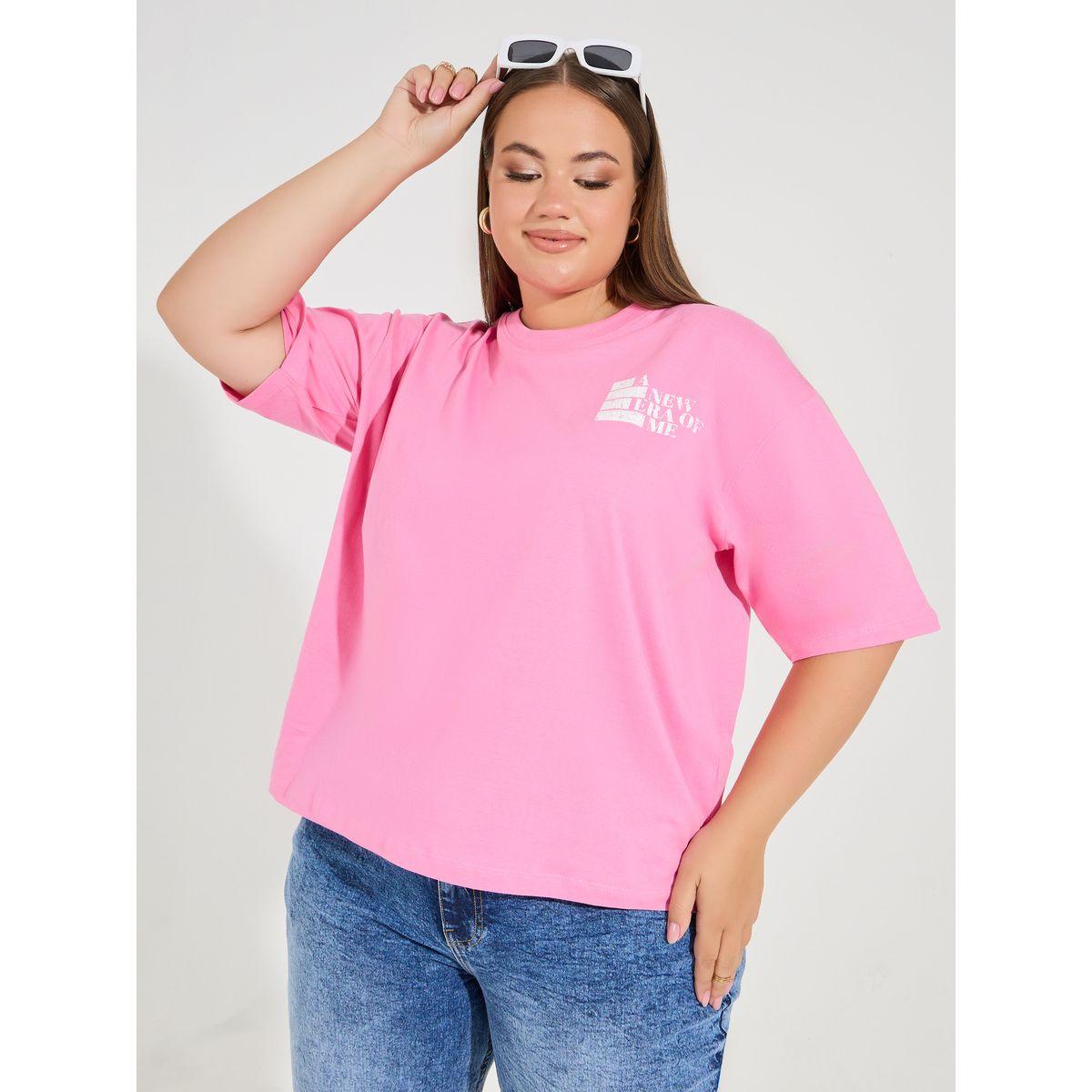 Styli Plus Size Distressed Slogan Print Round Neck Short Sleeve Oversized T-shirt-women-clothing-tshirts-image-1