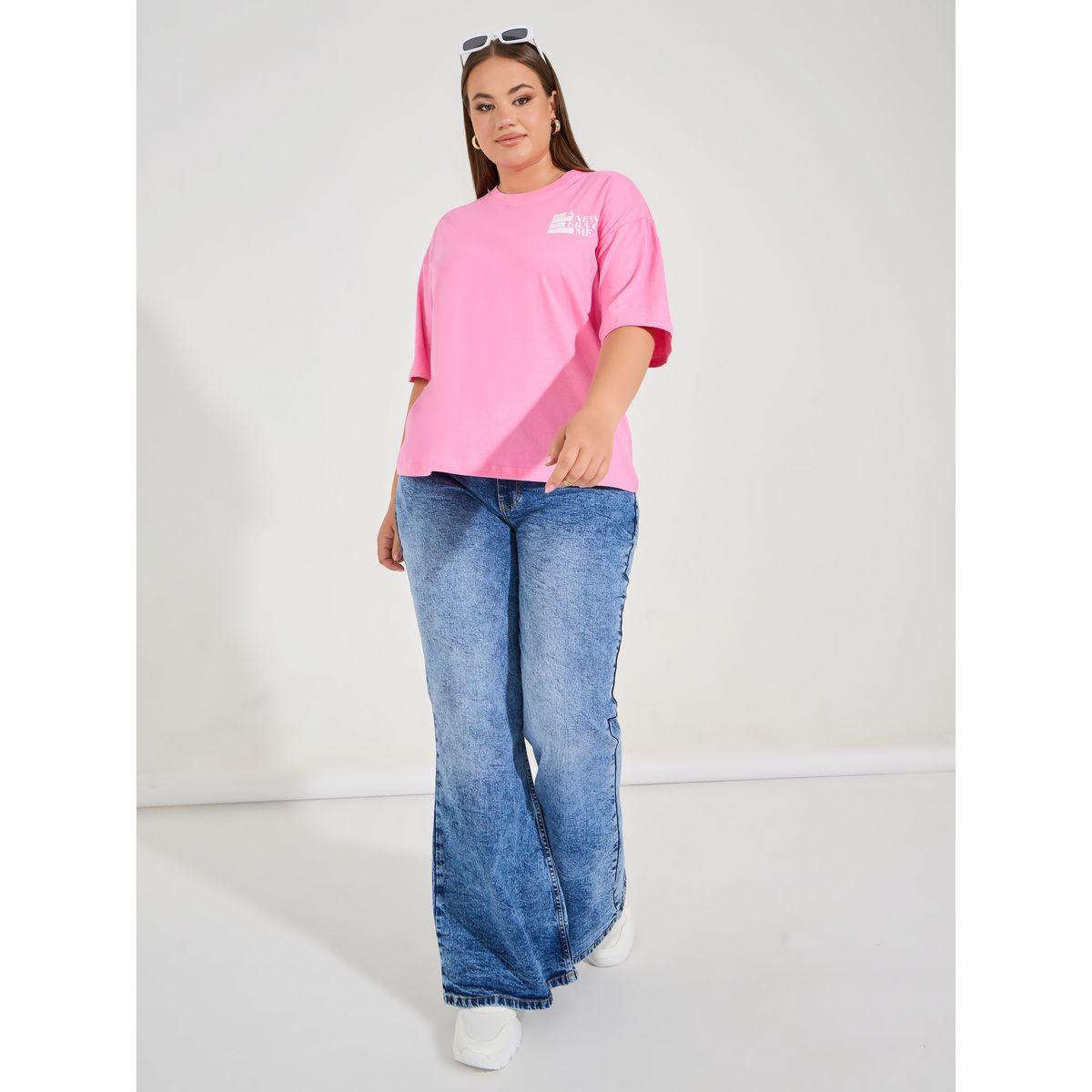 Styli Plus Size Distressed Slogan Print Round Neck Short Sleeve Oversized T-shirt-women-clothing-tshirts-image-2