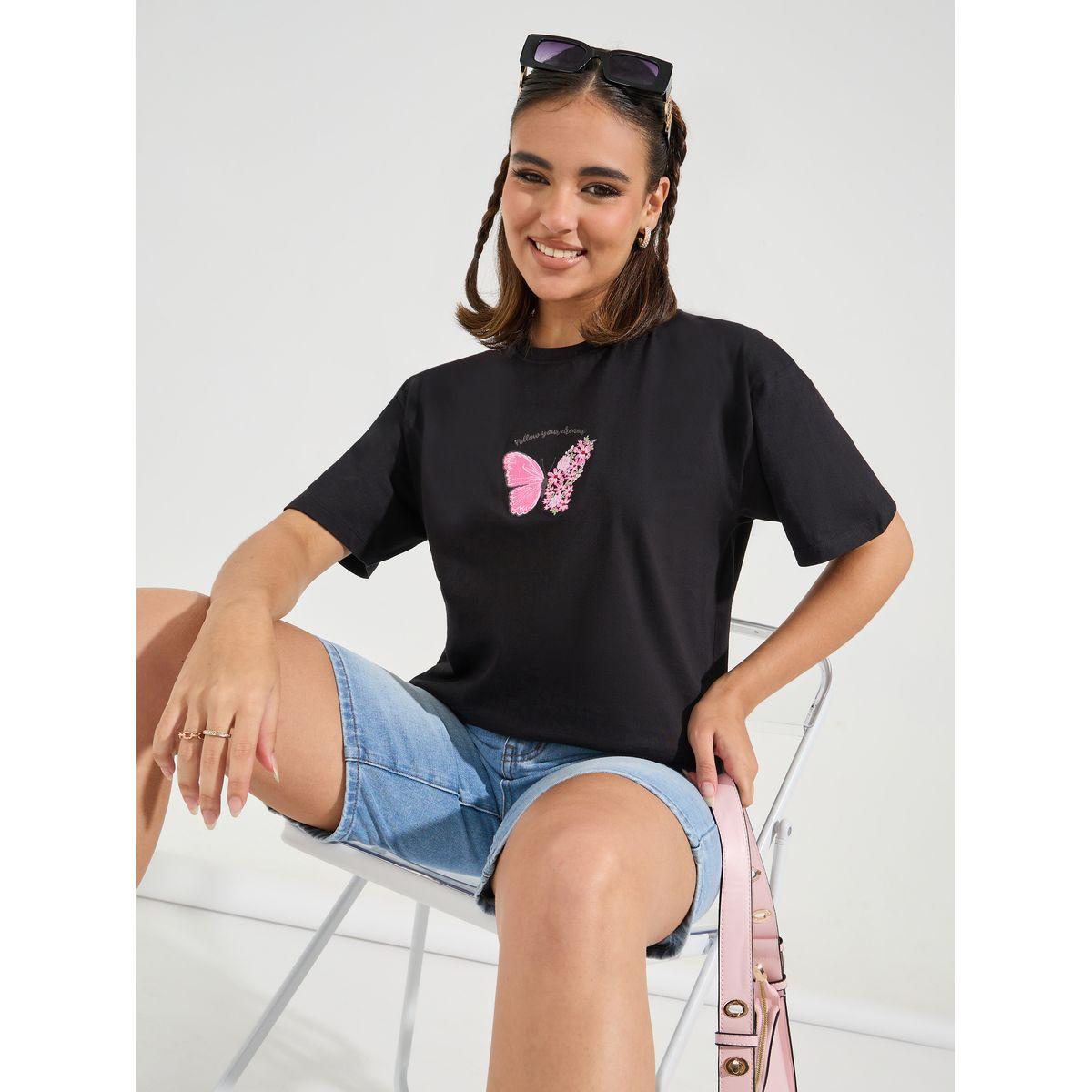 Styli Oversized Embroidered Round Neck T-shirt with Dropped Shoulder-women-clothing-tshirts-image-1