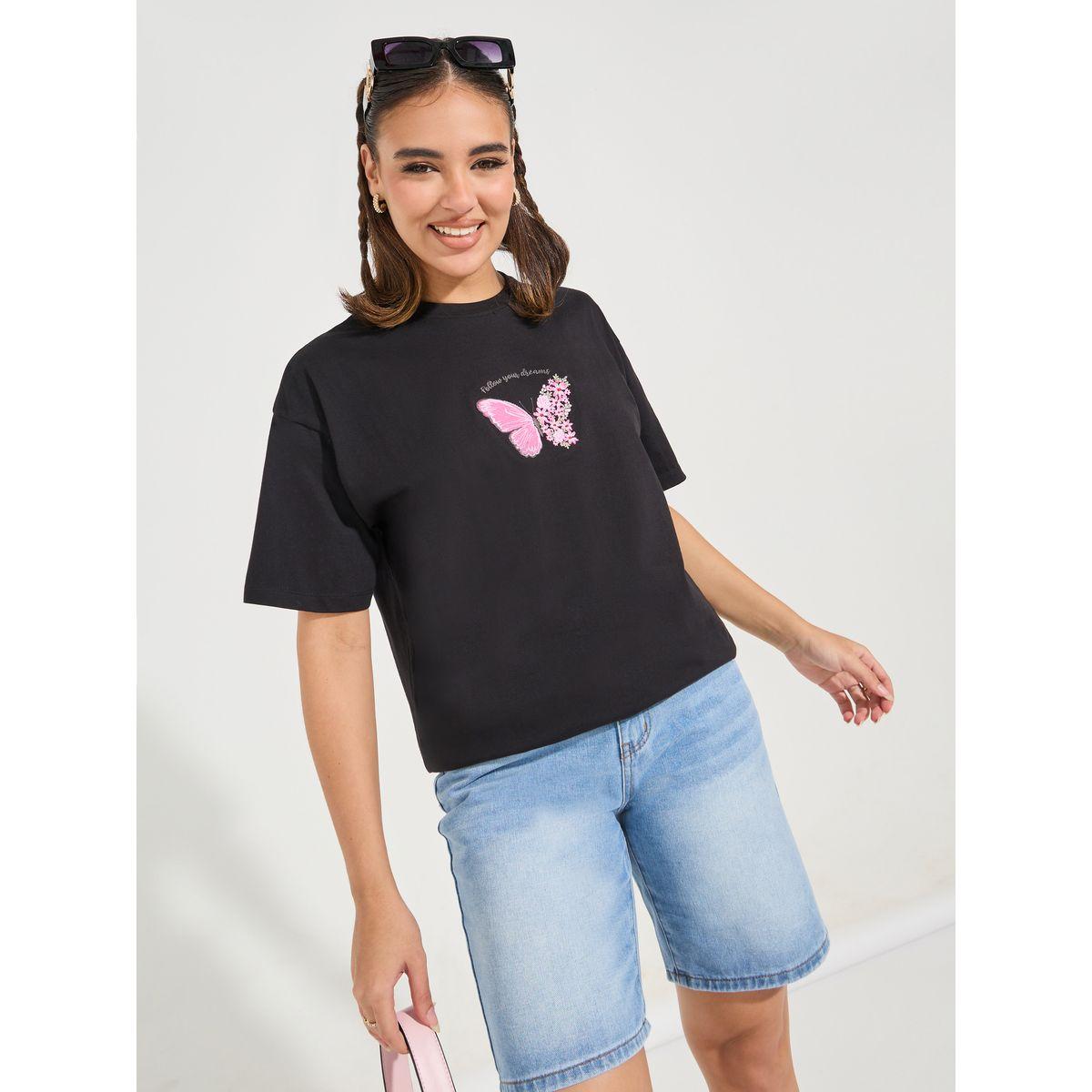 Styli Oversized Embroidered Round Neck T-shirt with Dropped Shoulder-women-clothing-tshirts-image-3