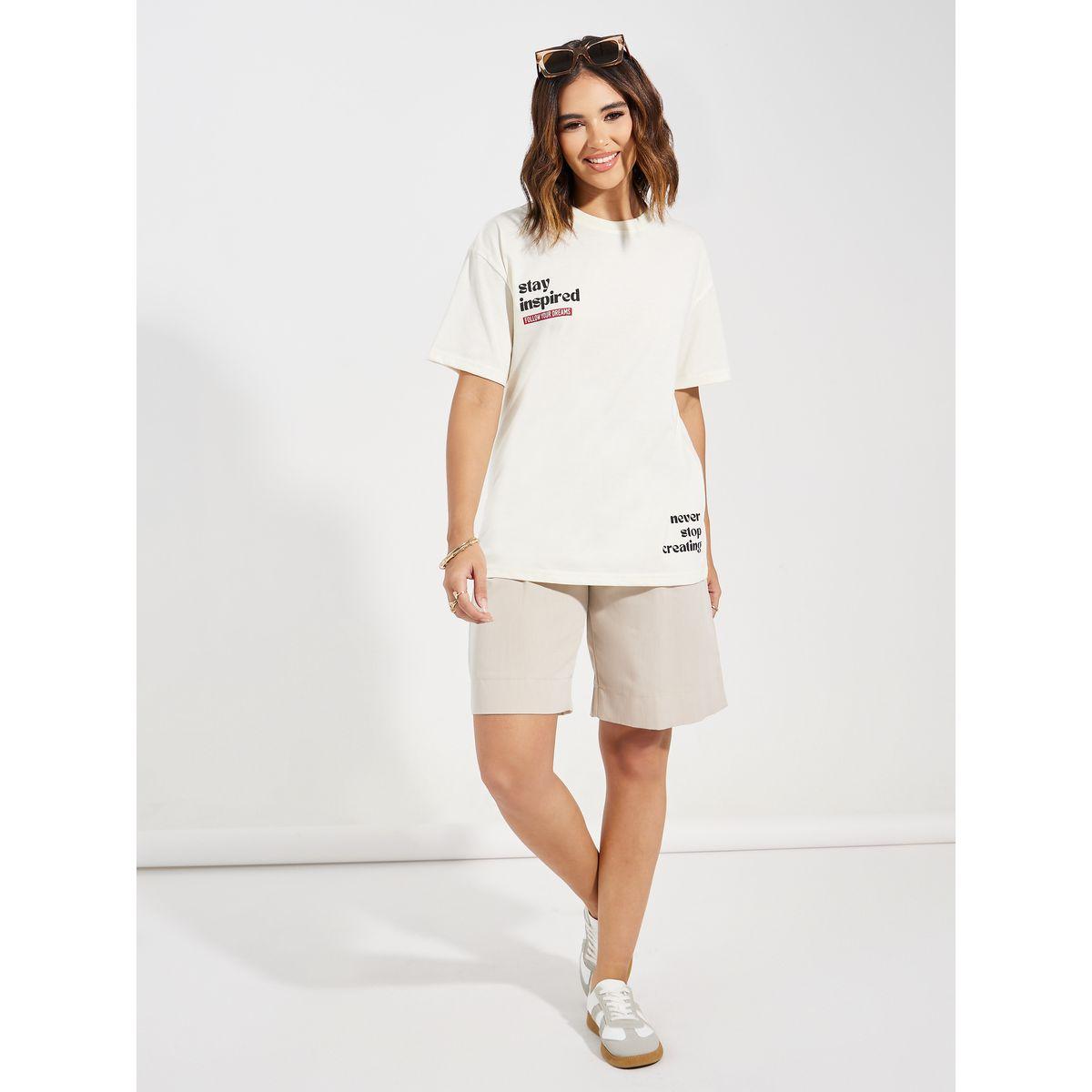 تيشيرت فضفاض مطبع بكتابة مع اكتاف منخفضة-women-clothing-tshirts-image-2