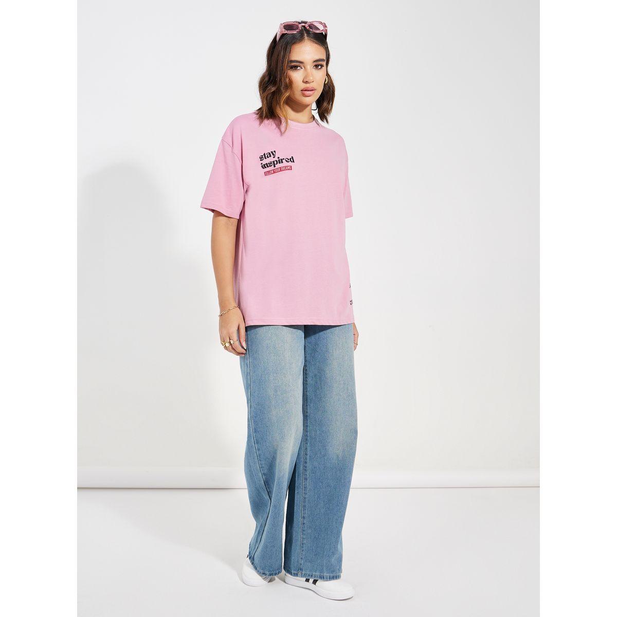 تيشيرت فضفاض مطبع بكتابة مع اكتاف منخفضة-women-clothing-tshirts-image-2