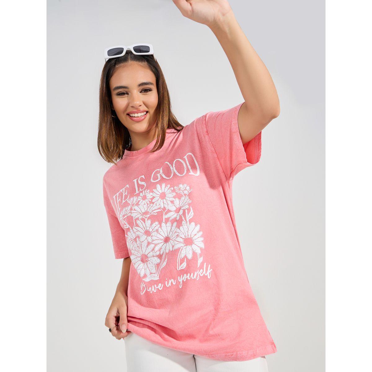 تيشيرت فضفاض مطبع بطبعة جرافيك واكمام قصيرة-women-clothing-tshirts-image-1