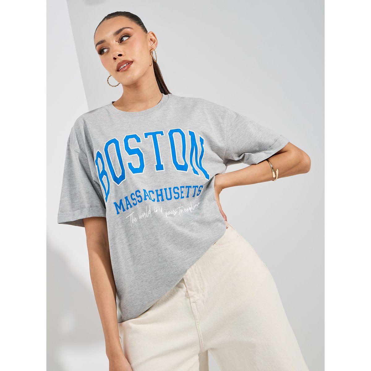 Styli Oversized Melange Slogan Print Turn-Up Sleeves T-Shirt-women-clothing-tshirts-image-1