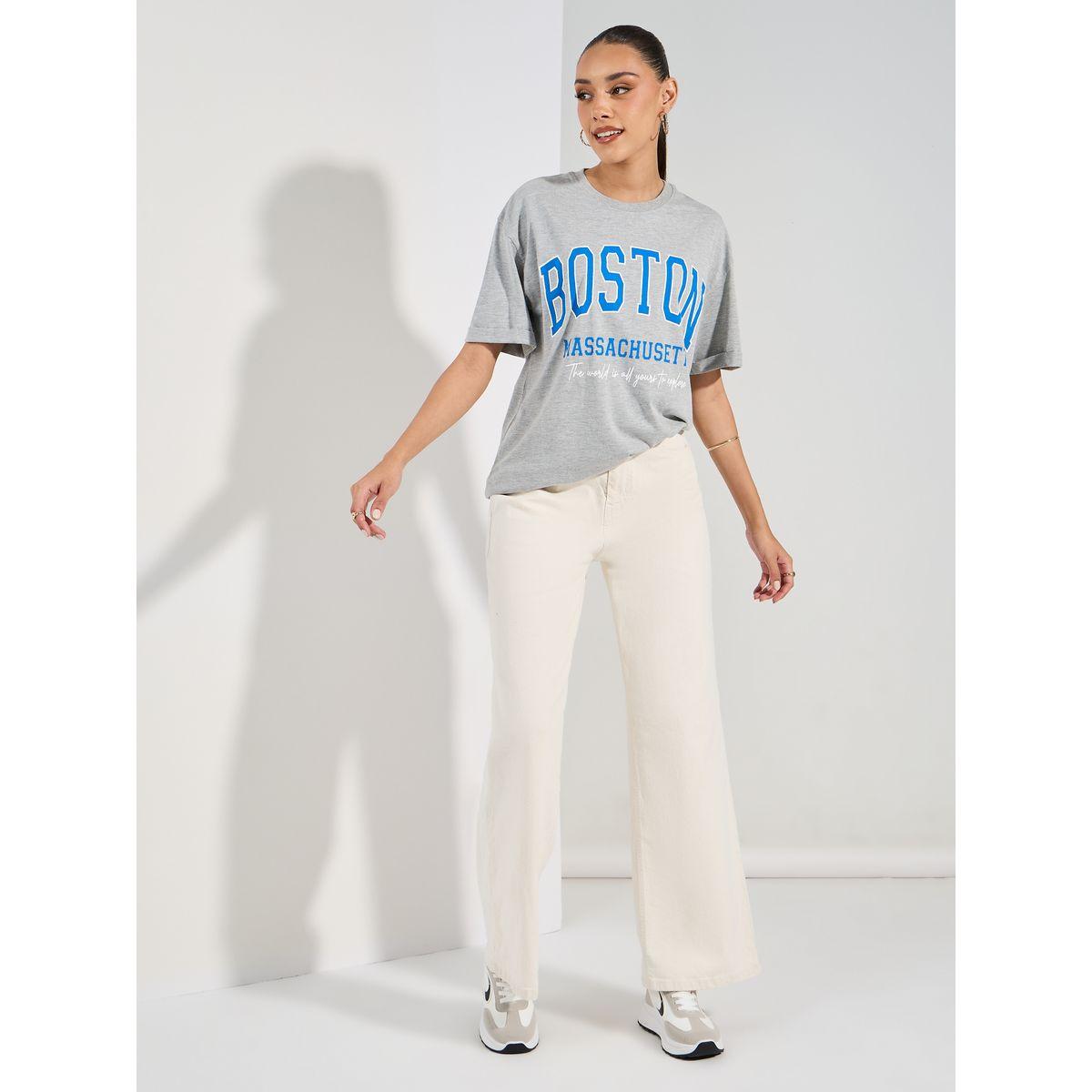 تيشيرت ميلانج فضفاض مطبع بكتابة-women-clothing-tshirts-image-2