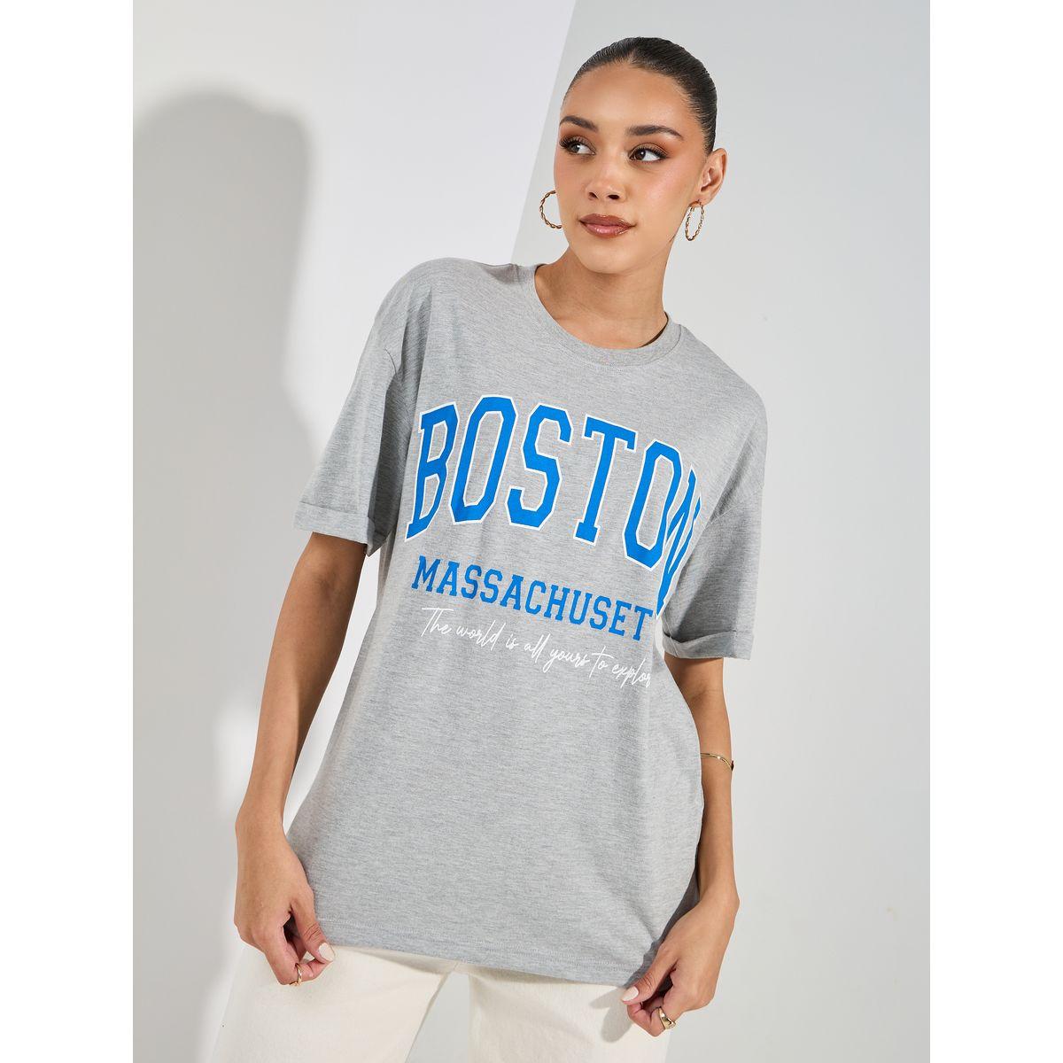 Styli Oversized Melange Slogan Print Turn-Up Sleeves T-Shirt-women-clothing-tshirts-image-3