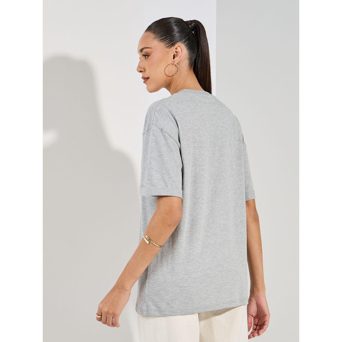 Styli Oversized Melange Slogan Print Turn-Up Sleeves T-Shirt-women-clothing-tshirts-image-5