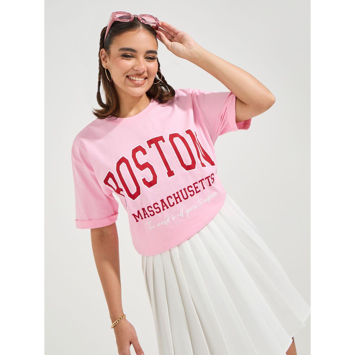 Styli Oversized Slogan Print T-Shirt with Turn-Up Sleeves-women-clothing-tshirts-image-1