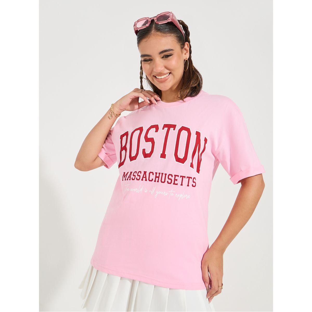Styli Oversized Slogan Print T-Shirt with Turn-Up Sleeves-women-clothing-tshirts-image-3