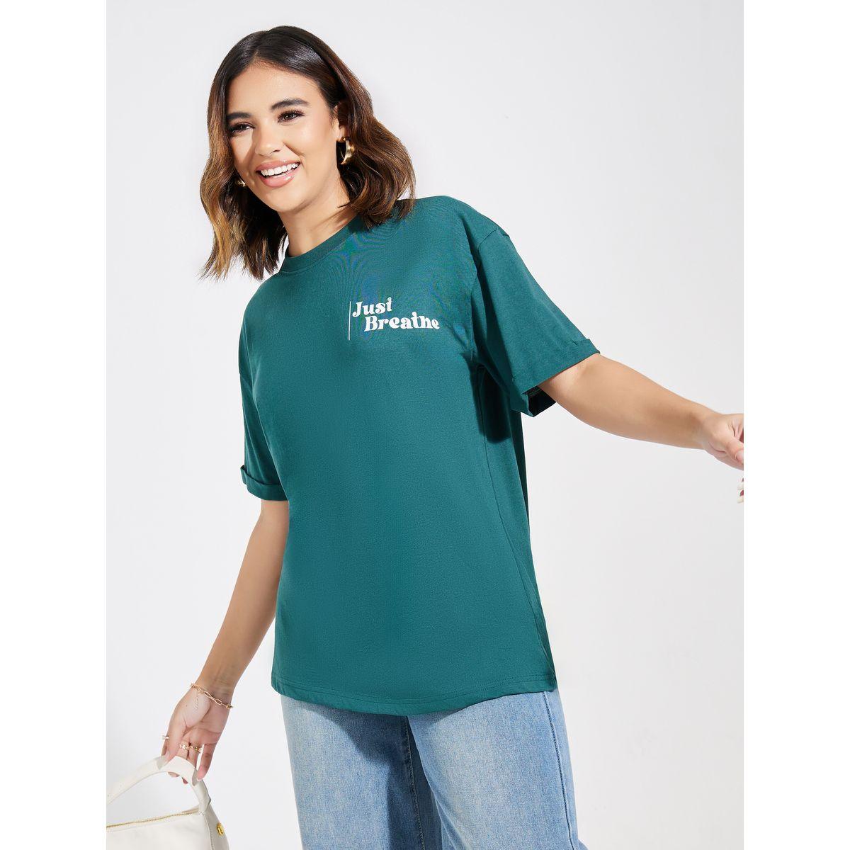 تيشيرت فضفاض مطبع بكتابة مع اكتاف منخفضة-women-clothing-tshirts-image-1