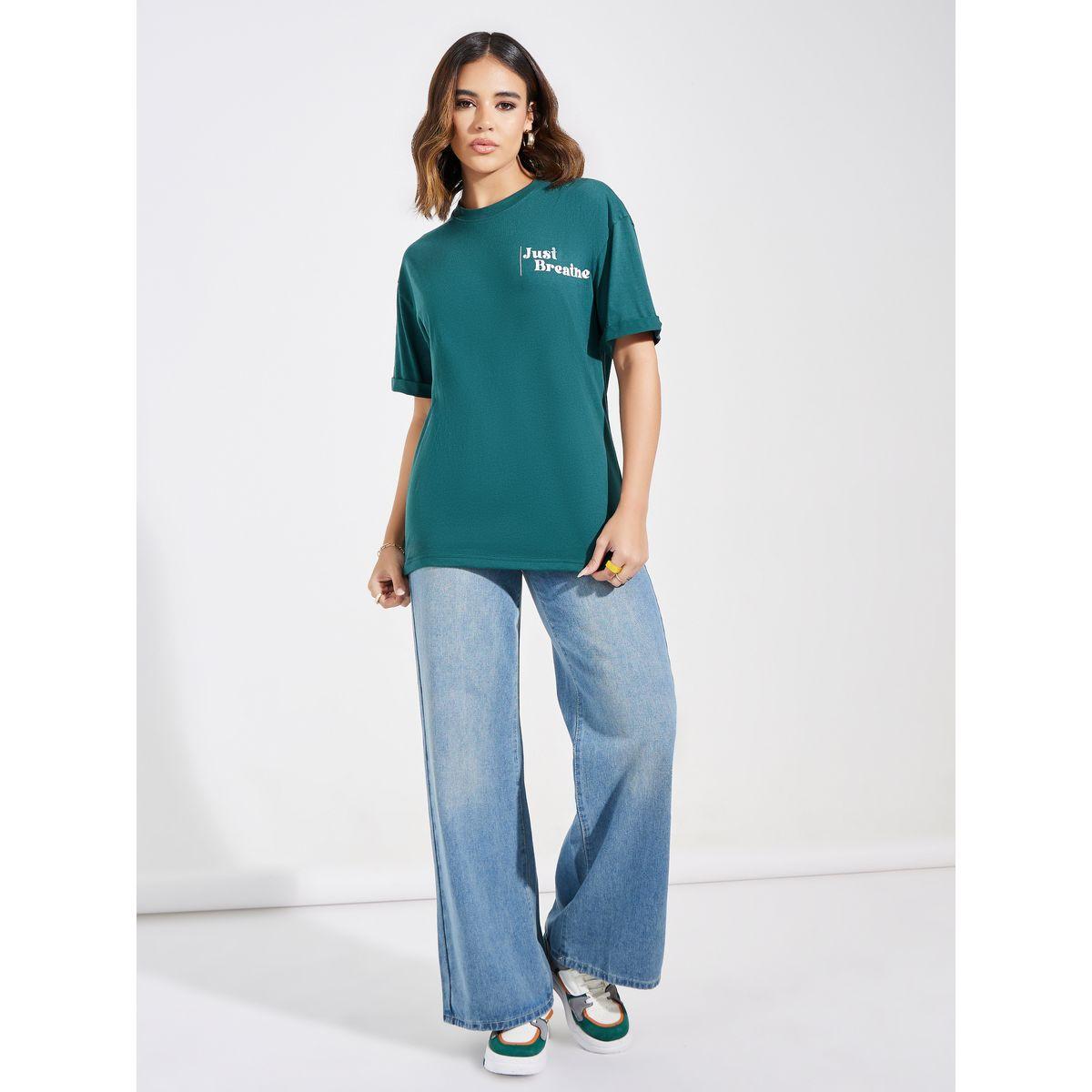 تيشيرت فضفاض مطبع بكتابة مع اكتاف منخفضة-women-clothing-tshirts-image-2