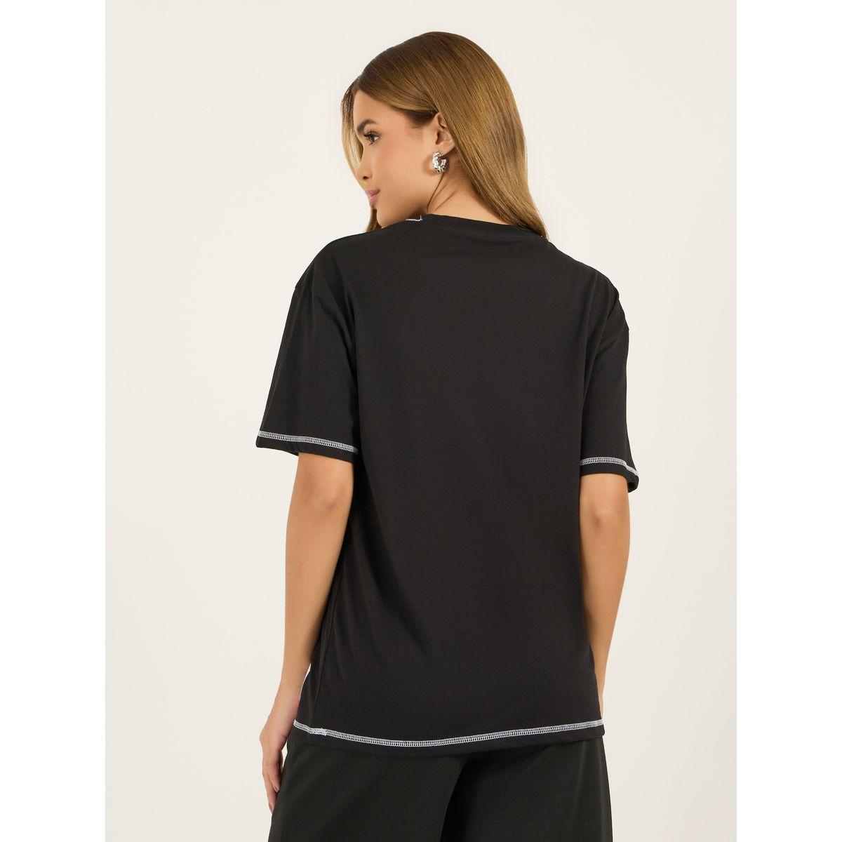 Styli Contrast Stitch Oversized T-Shirt with Badge Slogan Print Detail-women-clothing-tshirts-image-4