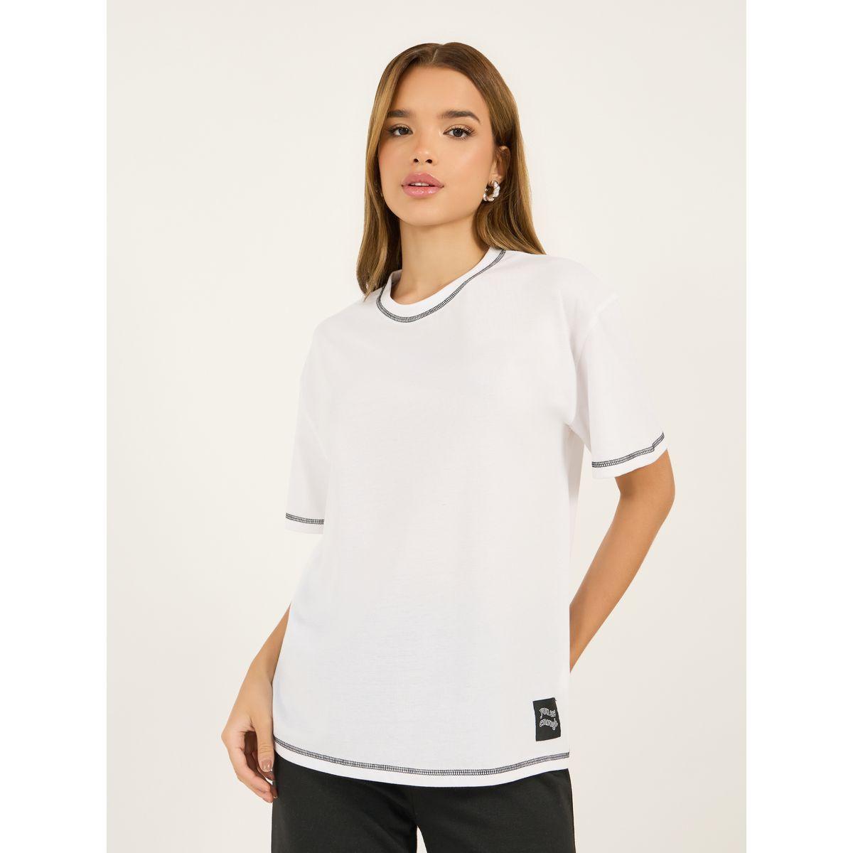 Styli Contrast Stitch Oversized T-Shirt with Badge Slogan Print Detail-women-clothing-tshirts-image-1