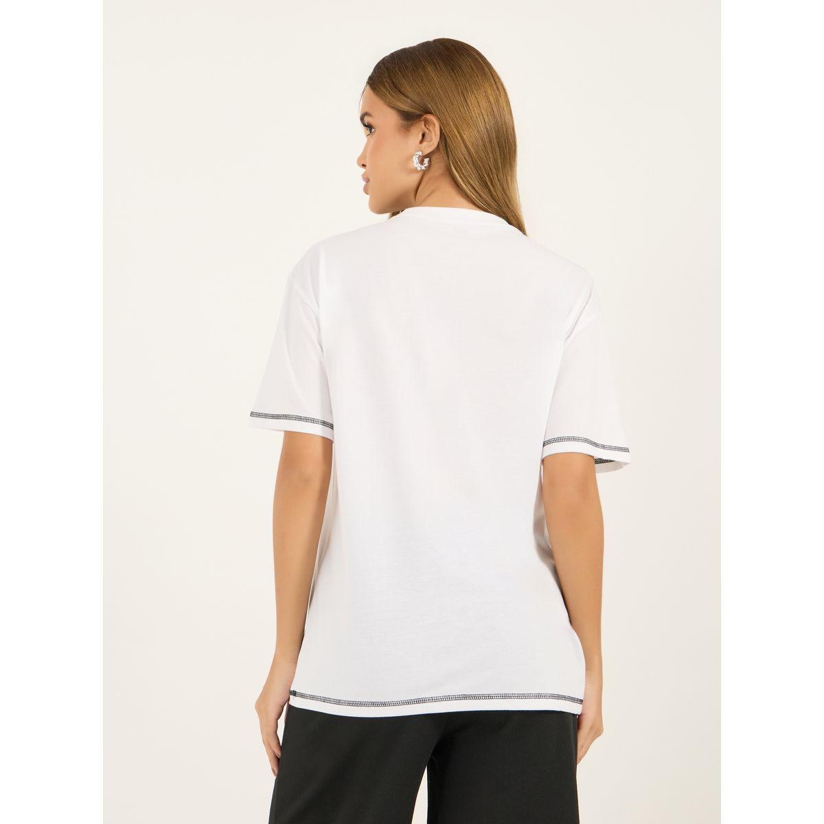 Styli Contrast Stitch Oversized T-Shirt with Badge Slogan Print Detail-women-clothing-tshirts-image-2