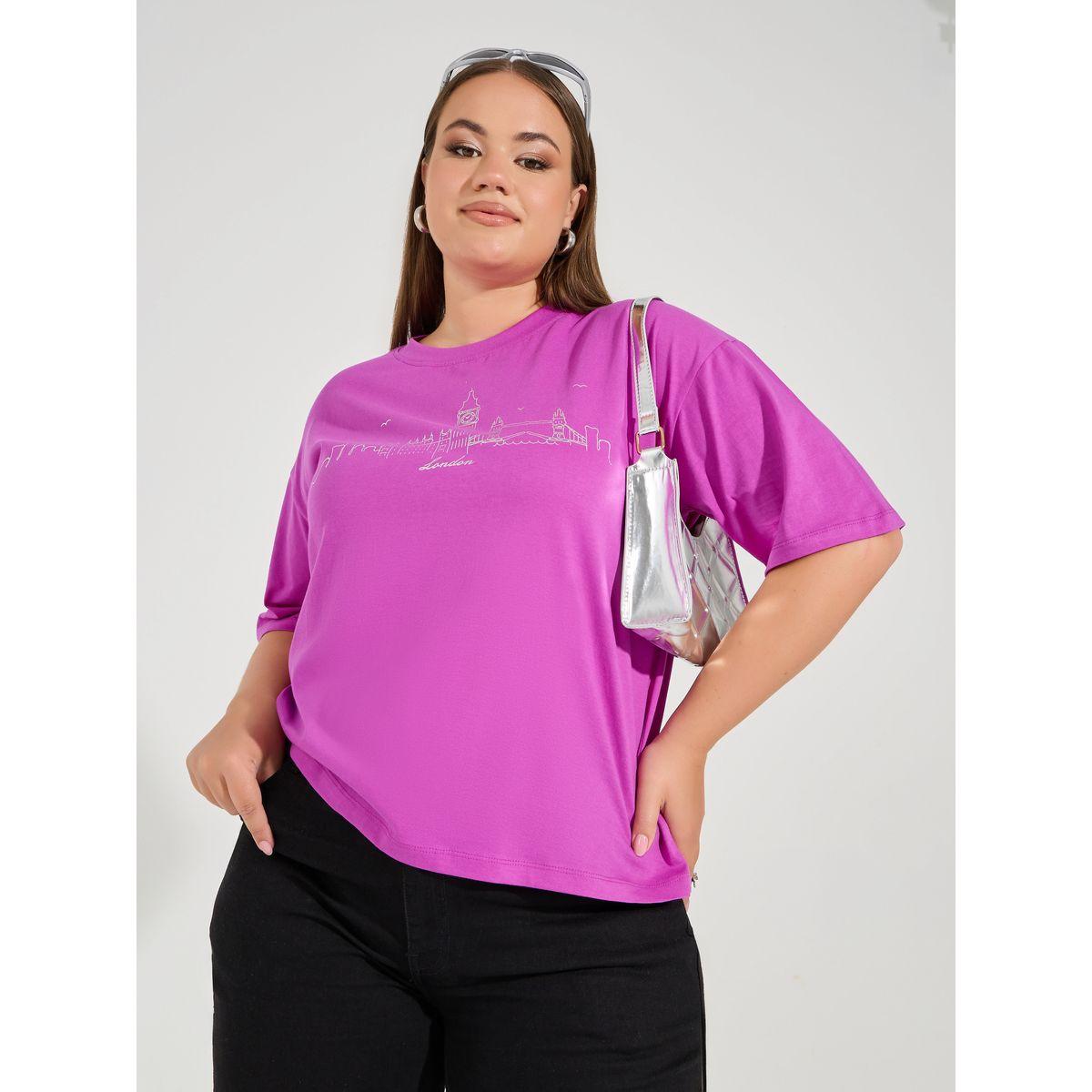 تيشيرت بمقاس كبير مع ياقة دائرية واكمام قصيرة-women-clothing-tshirts-image-1