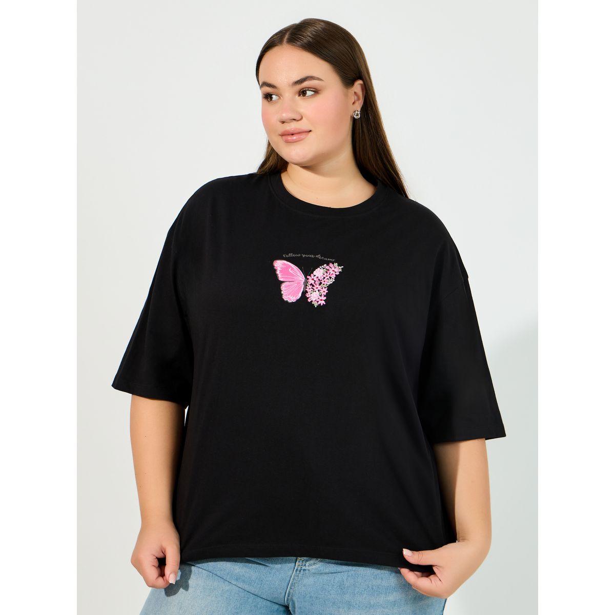تيشيرت فضفاض بمقاس كبير وطبعة فراشة-women-clothing-tshirts-image-1