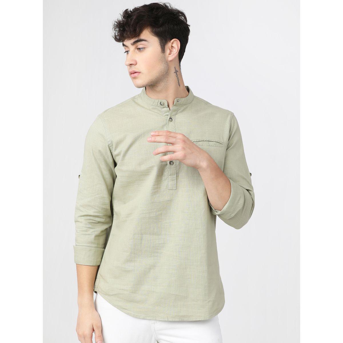 Ketch X Styli  Chest Pocket Detail Mandarin Collar Slim Fit Shirt with Roll Up Sleeves-men-clothing-shirts-image-2