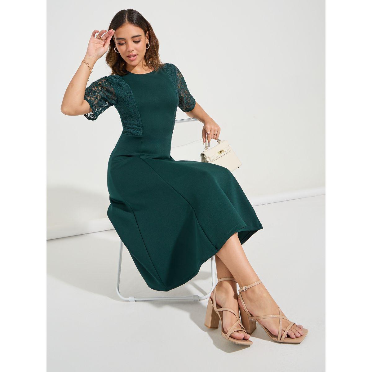 فستان ميدي مع اكمام قصيرة بتفاصيل دانتيل-women-clothing-dresses-image-1