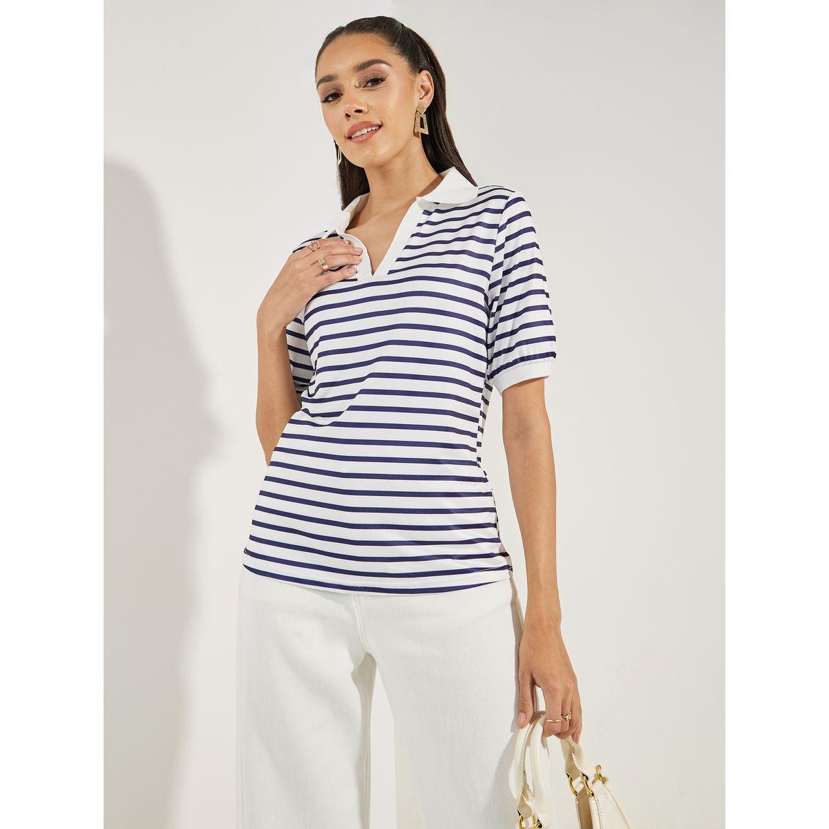 تيشيرت مخطط بياقة بولو وقصة عادية-women-clothing-tshirts-image-3