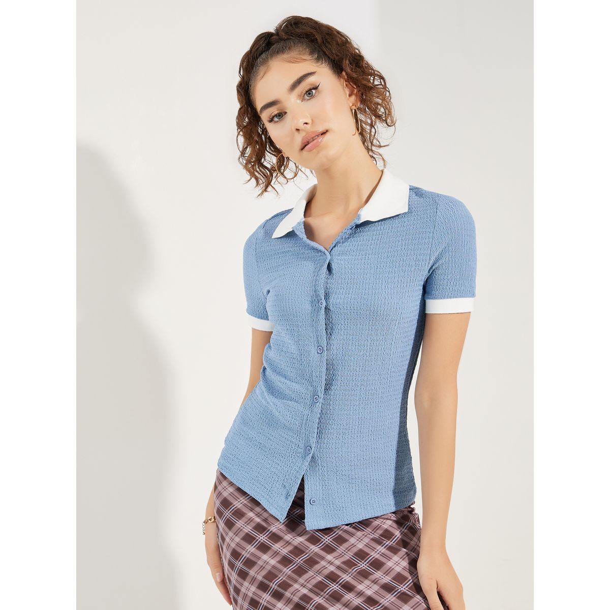Styli Contrast Collar Textured Polo T-Shirt-women-clothing-tshirts-image-1
