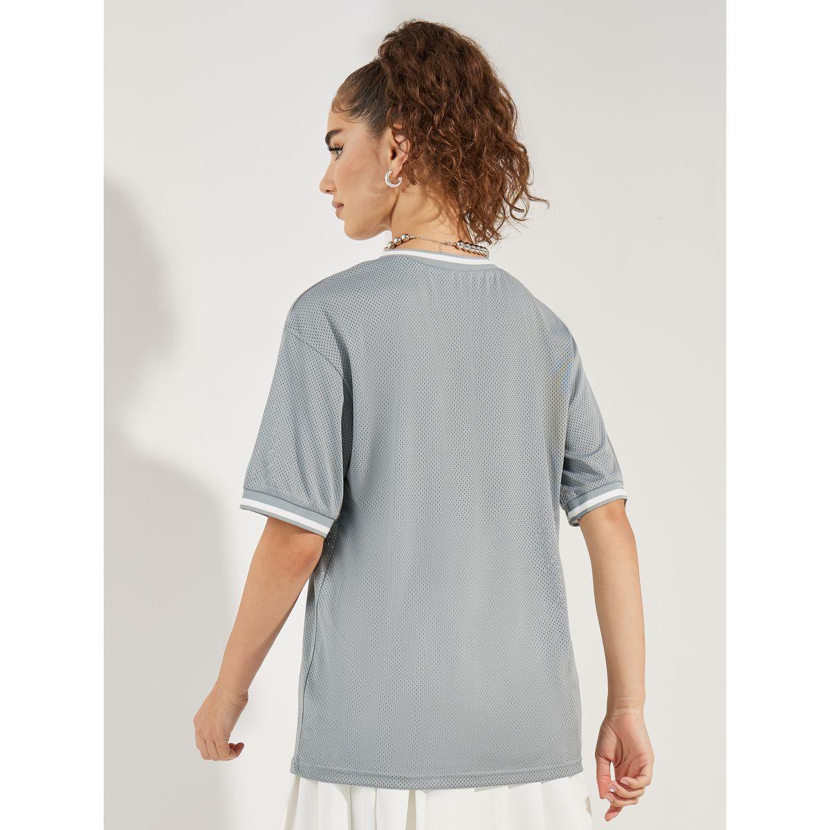 تيشيرت فضفاض باكمام قصيرة وتفاصيل شبكية-women-clothing-tshirts-image-5