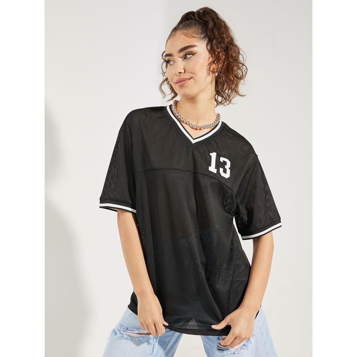 تيشيرت فضفاض باكمام قصيرة وتفاصيل شبكية-women-clothing-tshirts-image-2