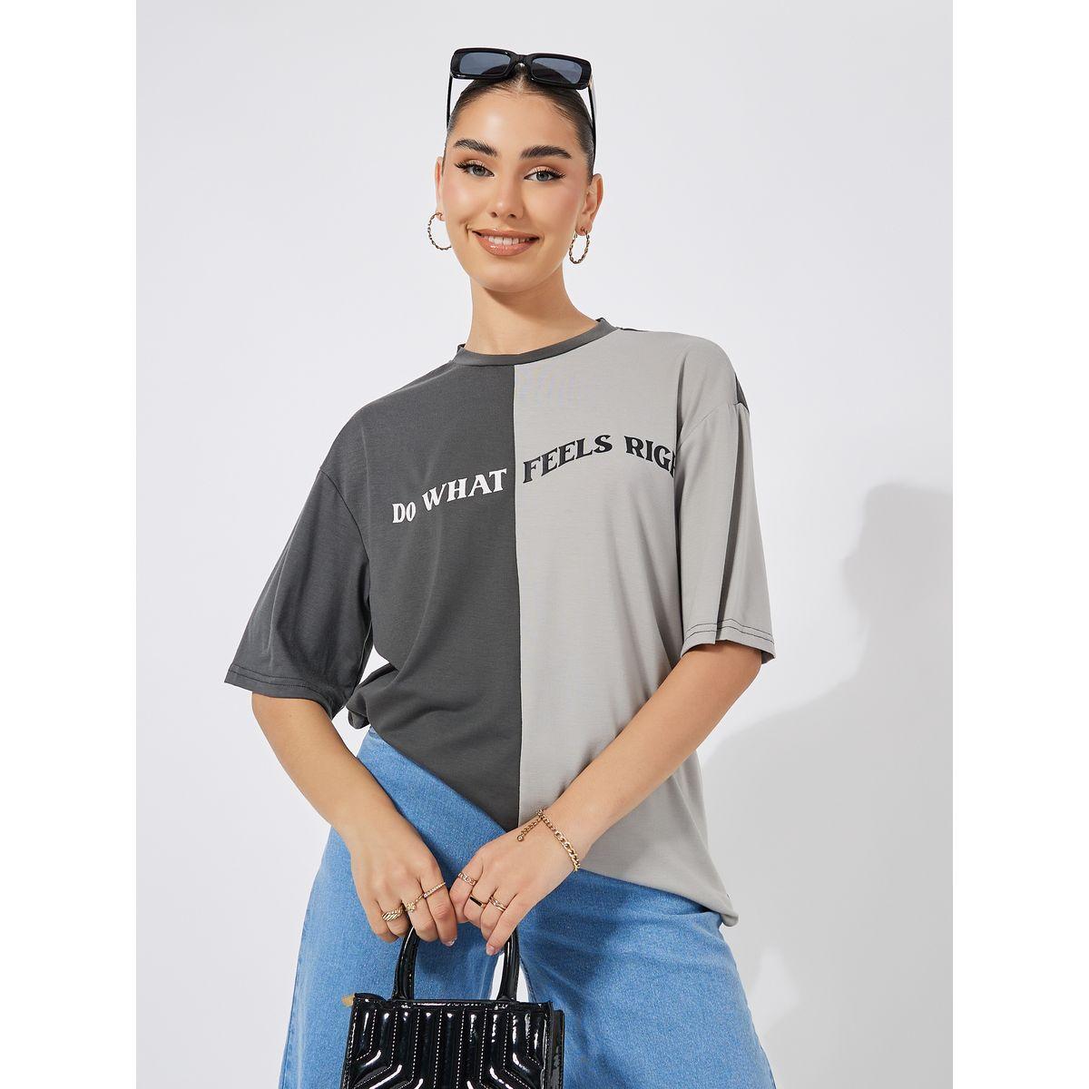 Styli Oversized Color Block Slogan Print T-Shirt-women-clothing-tshirts-image-1