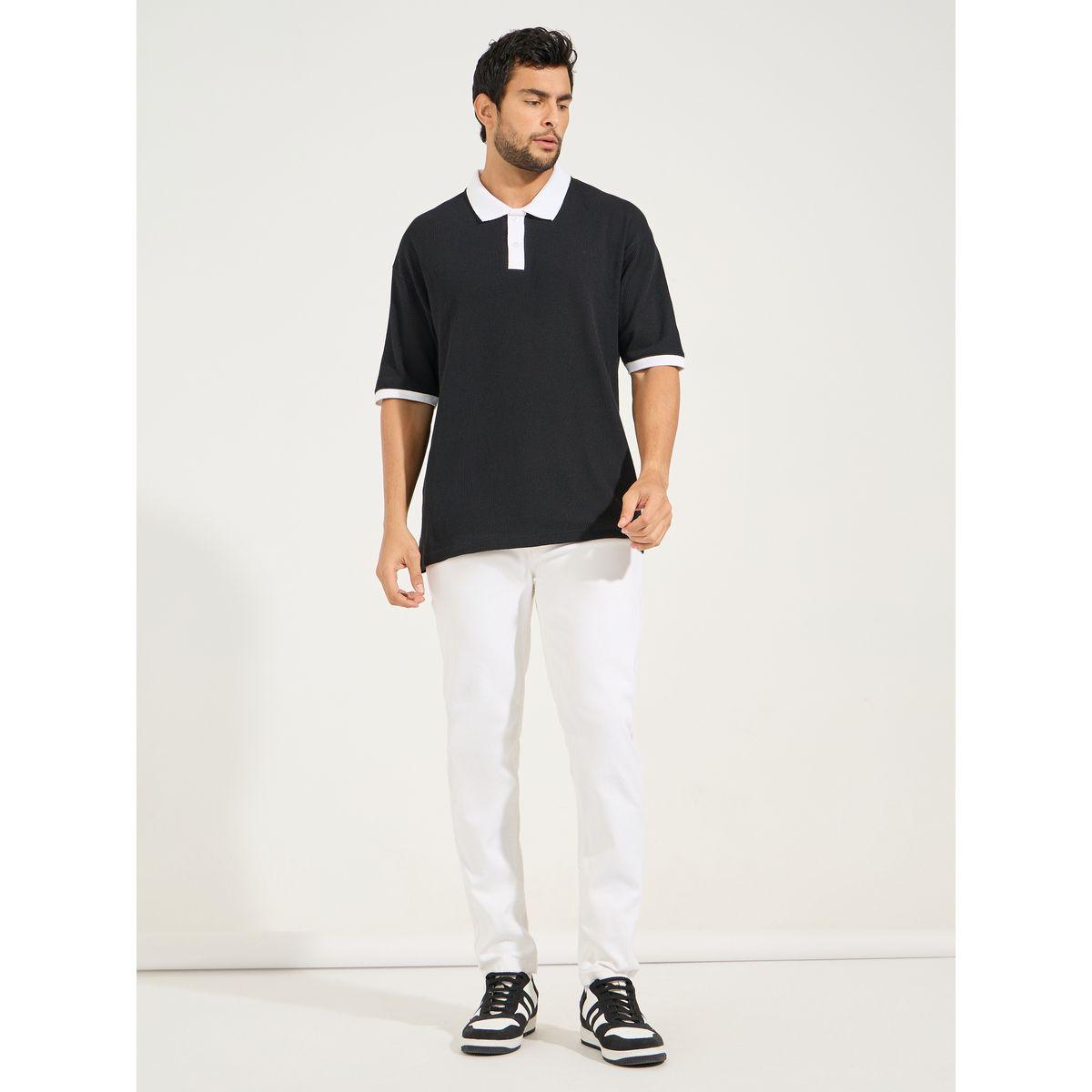 تيشيرت محبوك بنمط وافل مع ياقة بولو وقصة فضفاضة-men-clothing-tshirtsandpolos-polos-image-2