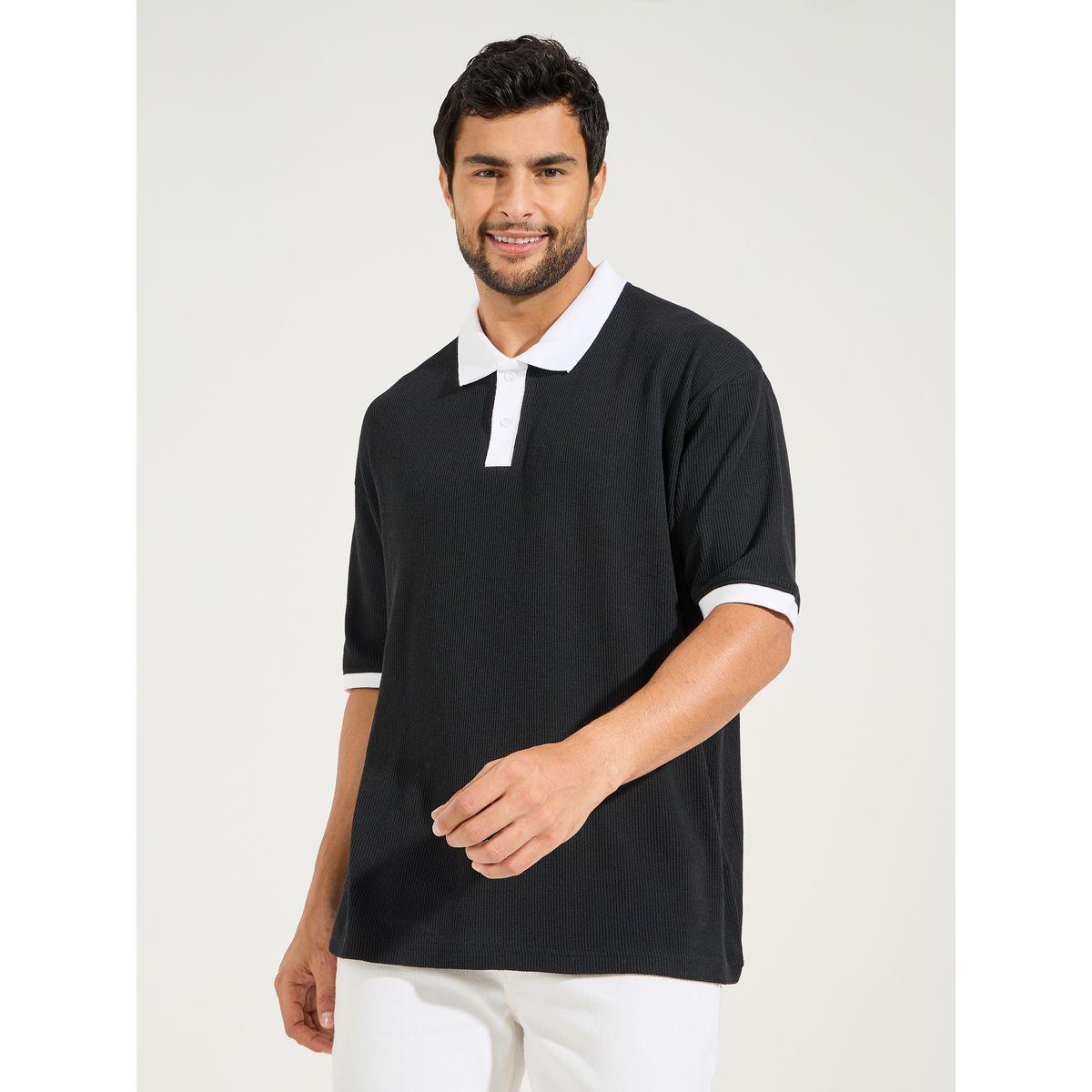 تيشيرت محبوك بنمط وافل مع ياقة بولو وقصة فضفاضة-men-clothing-tshirtsandpolos-polos-image-3