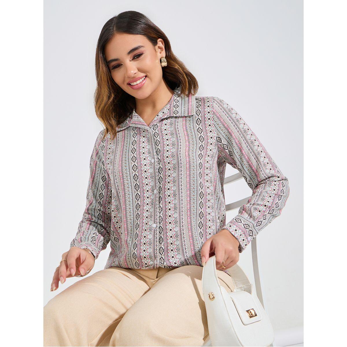 بلوزة بطبعة هندسية واكمام طويلة مع ازرار-women-clothing-shirtsandblouses-shirts-image-1