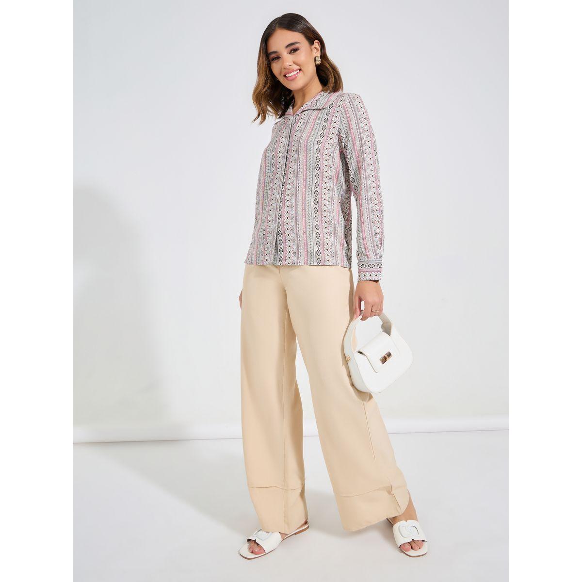 بلوزة بطبعة هندسية واكمام طويلة مع ازرار-women-clothing-shirtsandblouses-shirts-image-2