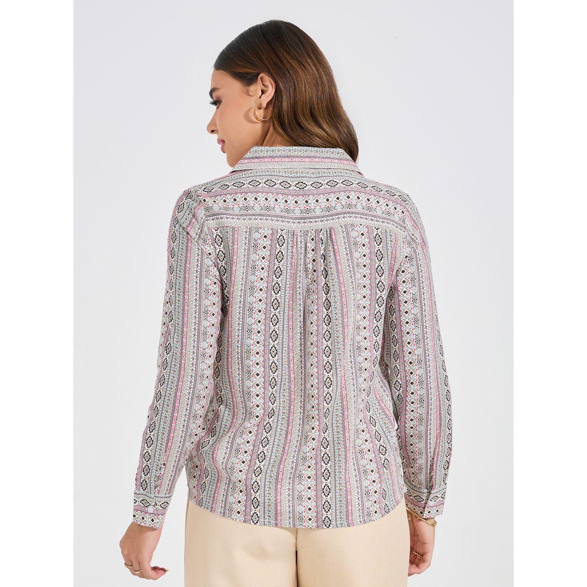 Styli Geometric Print Button Down Shirt with Long Sleeves-women-clothing-shirtsandblouses-shirts-image-4