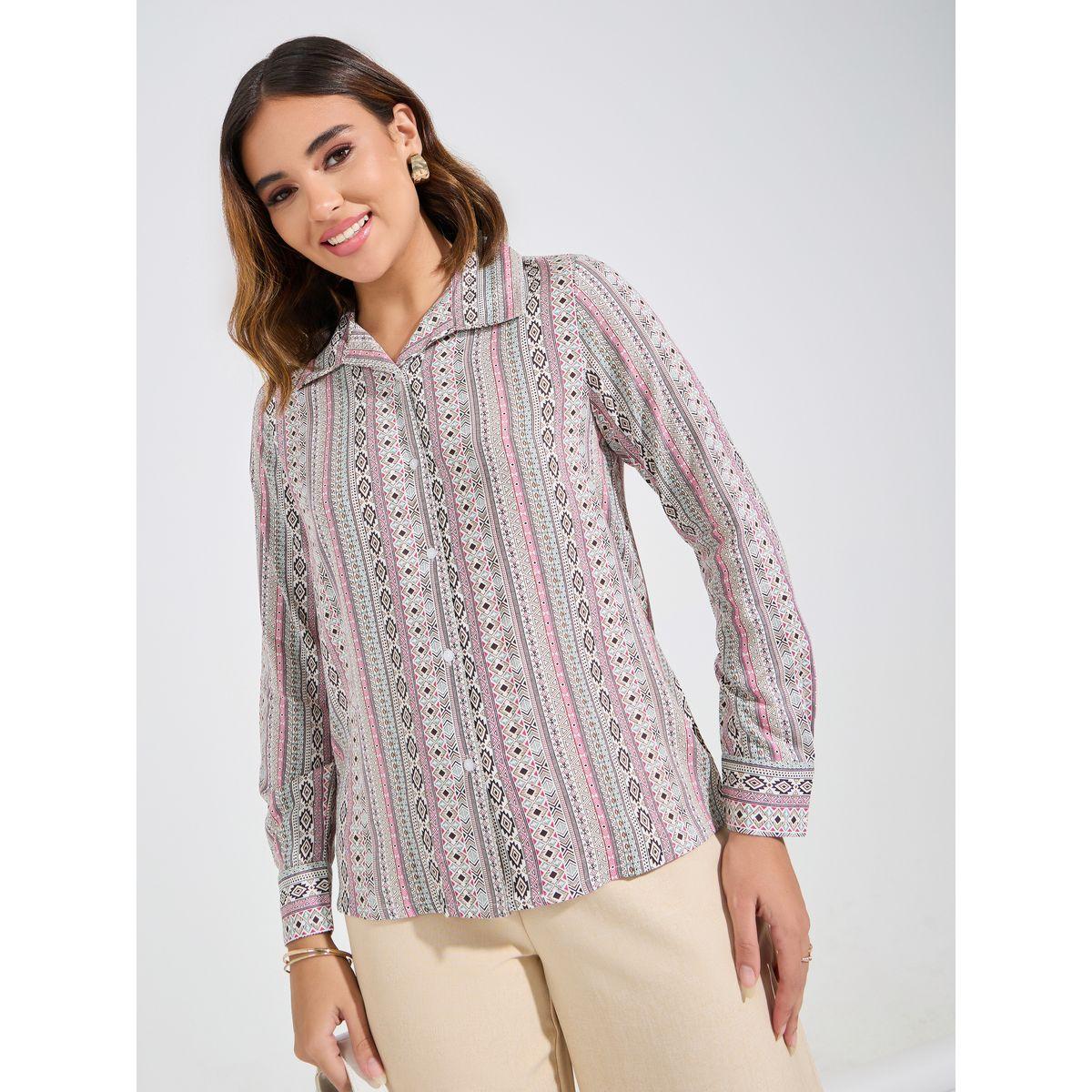Styli Geometric Print Button Down Shirt with Long Sleeves-women-clothing-shirtsandblouses-shirts-image-5