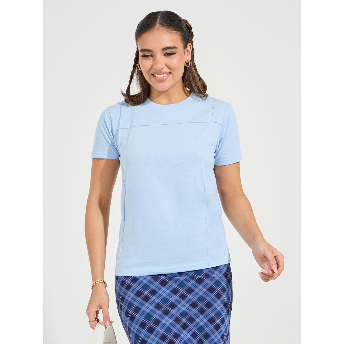 تيشيرت بقصة عادية وحزوز مع اكمام قصيرة-women-clothing-tshirts-image-3