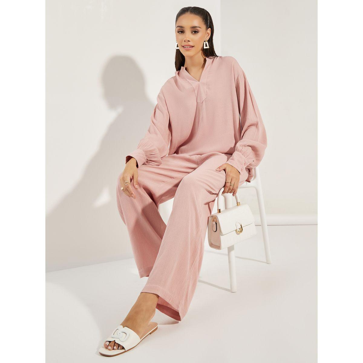 Styli Relaxed Fit Textured Top & Wide Leg Pants Co-Ords-women-clothing-coordsets-image-1