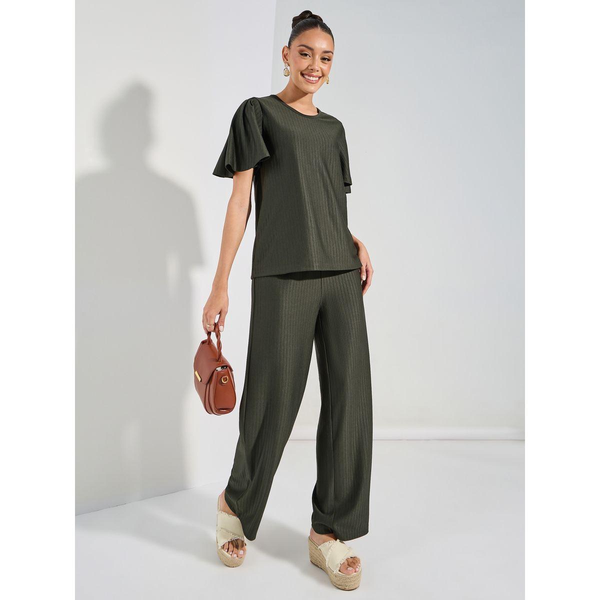 Styli Ribbed Texture Flutter Sleeve Top & Wide Leg Pants Co-Ord Set-women-clothing-coordsets-image-1