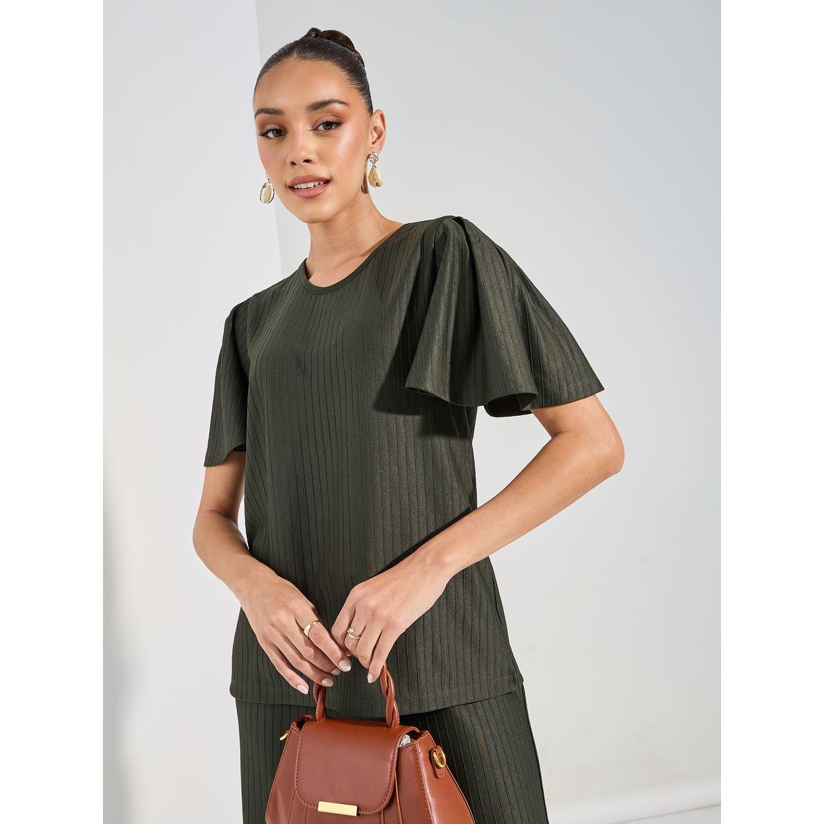 Styli Ribbed Texture Flutter Sleeve Top & Wide Leg Pants Co-Ord Set-women-clothing-coordsets-image-2
