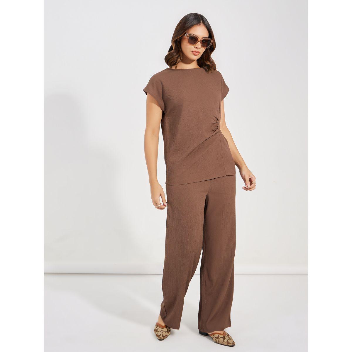 Styli Side Ruched Cap Sleeves Top & Straight Leg Pants Co-Ords-women-clothing-coordsets-image-1