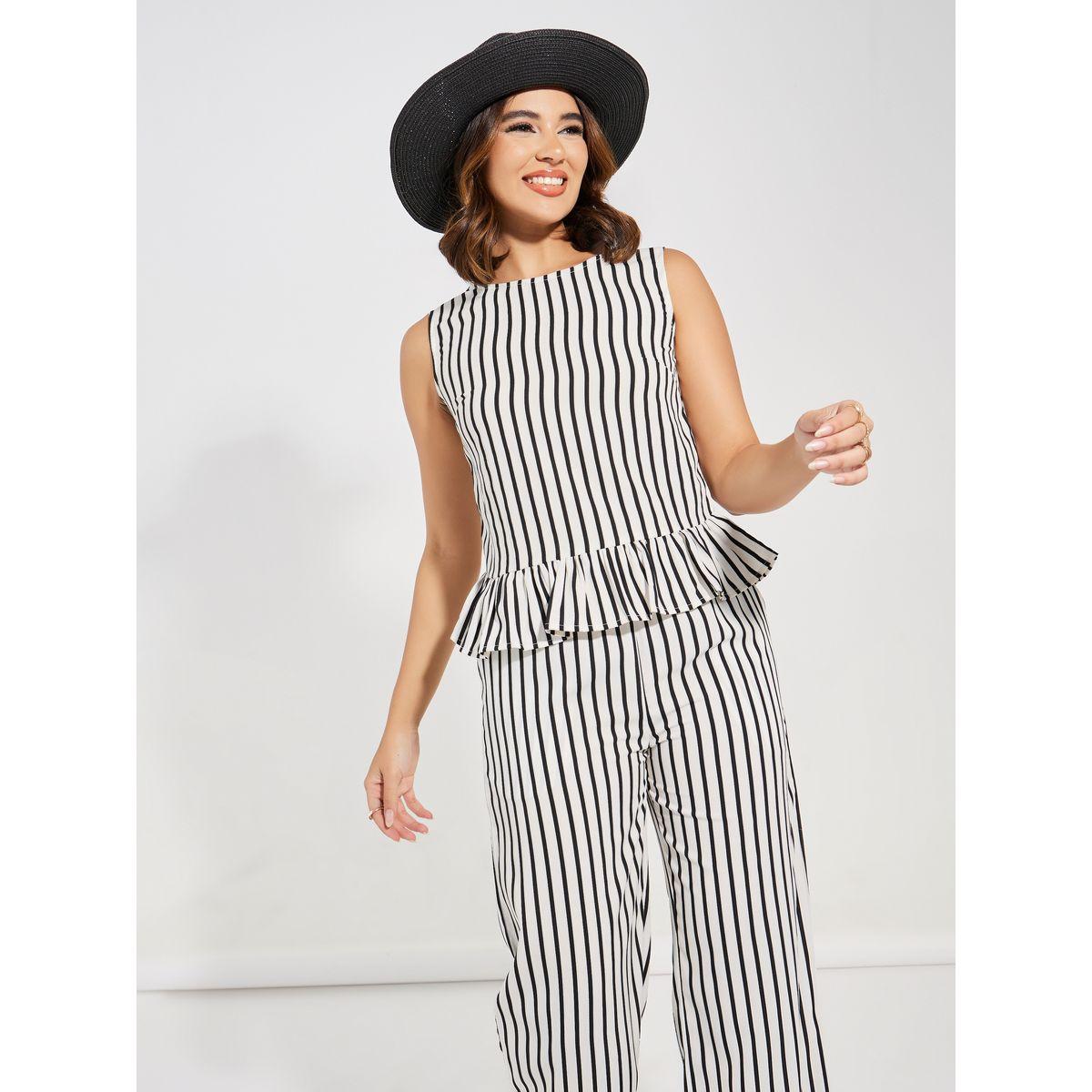 طقم منسق من بنطال بارجل مستقيمة مع بلوزة مخططة-women-clothing-coordsets-image-2