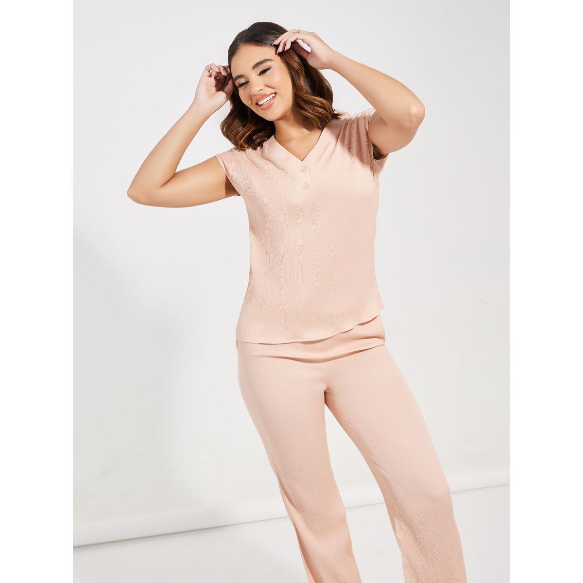 Styli Textured Cap Sleeves Top & Regular Fit Pants Co-Ords-women-clothing-coordsets-image-2