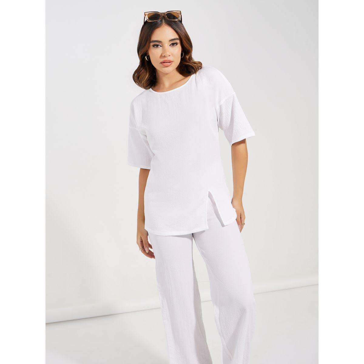 بنطال بقصة مريحة مع بلوزة بتفاصيل بارزة الملمس-women-clothing-coordsets-image-2