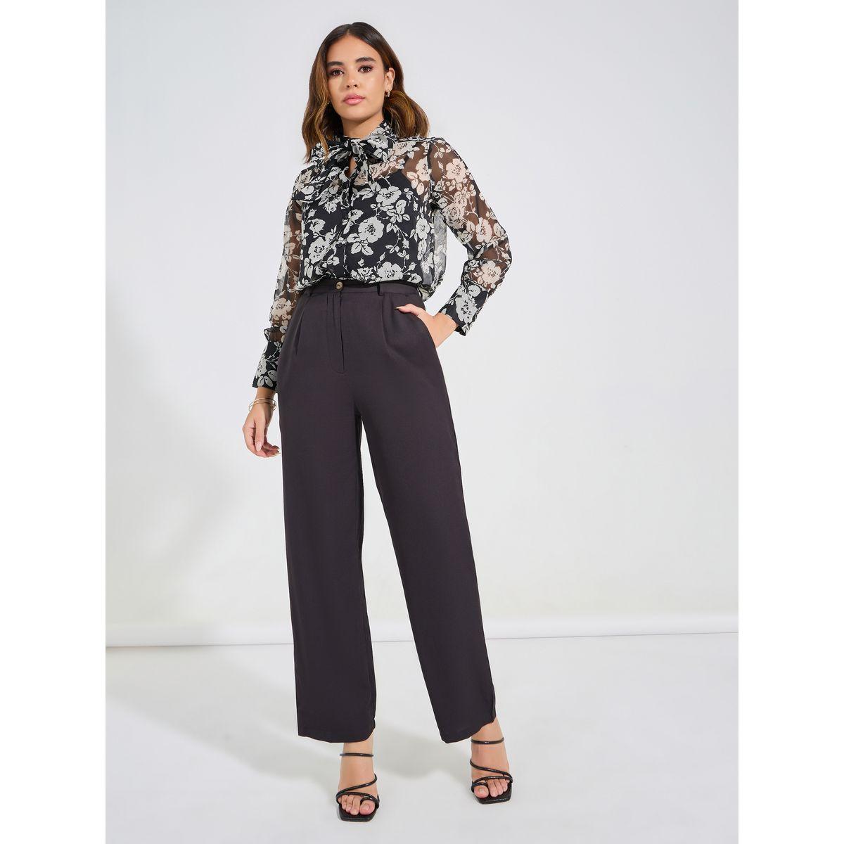 طقم منسق من بنطال سادة مع بلوزة بطبعة زهور-women-clothing-coordsets-image-1